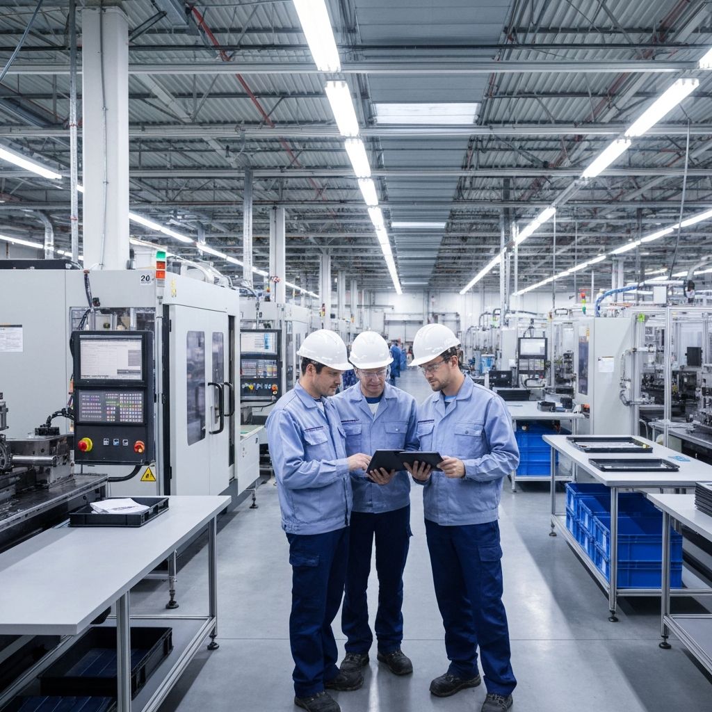 Modern manufacturing facility with team reviewing production data