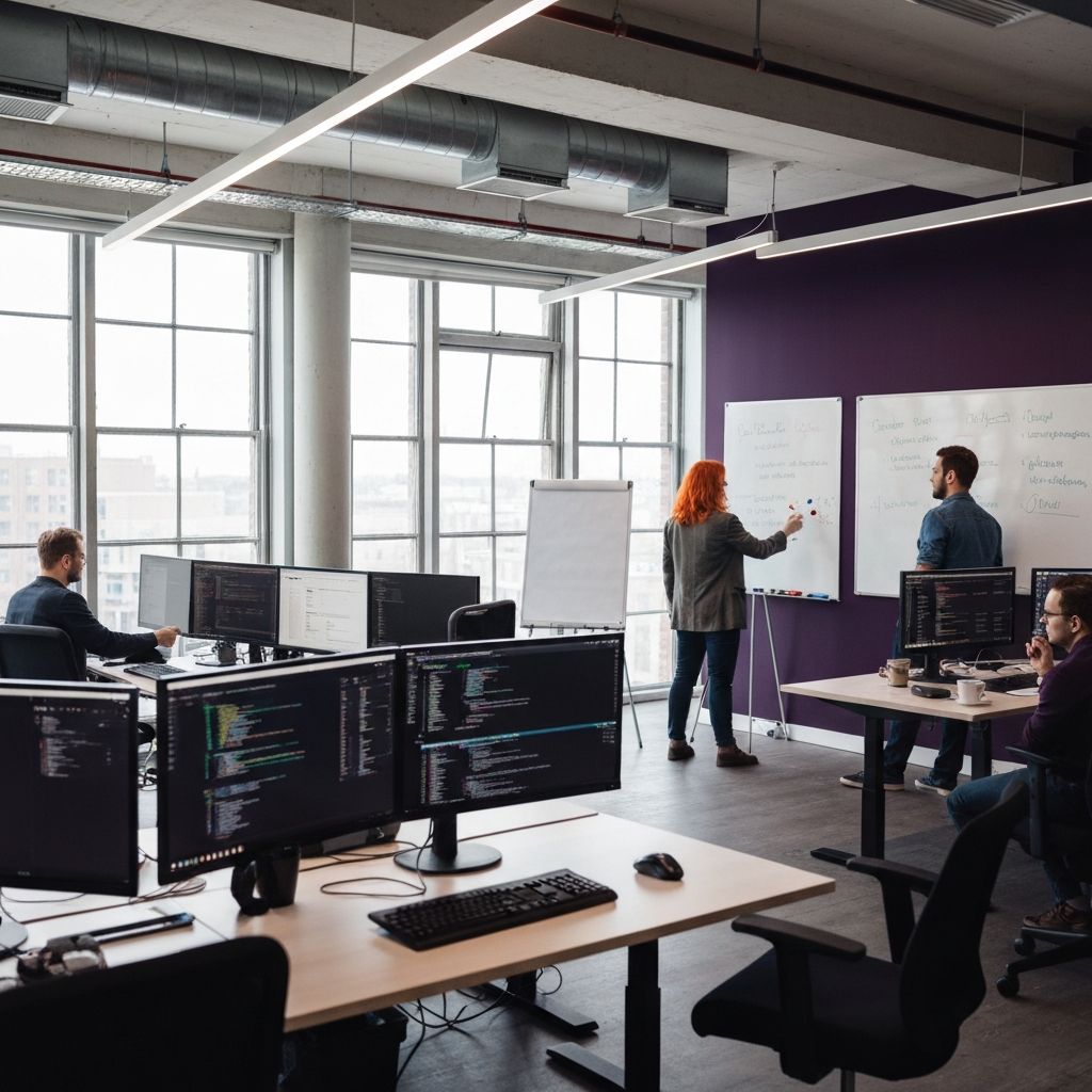 Modern tech office with team collaborating on screens
